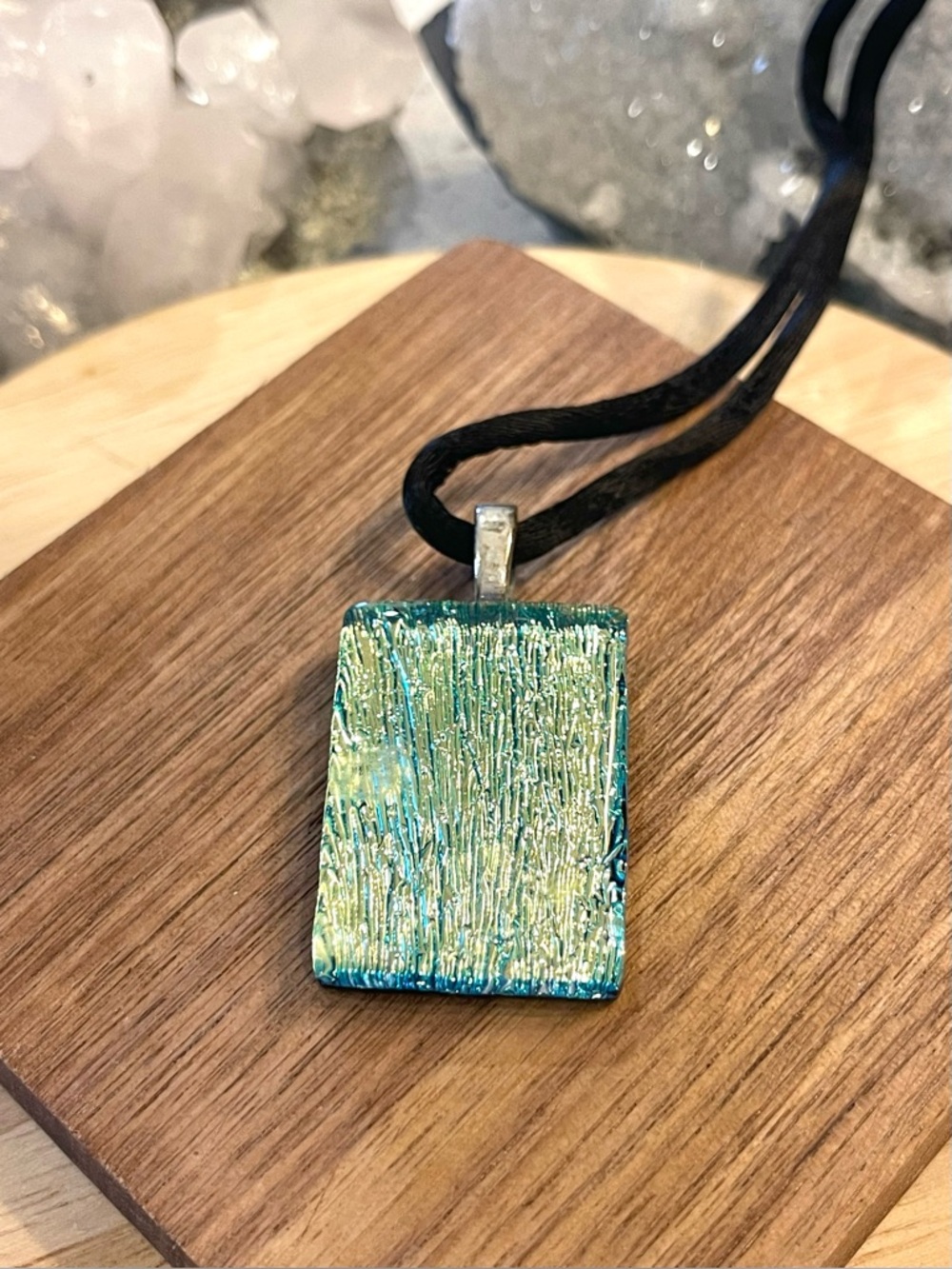 🌑Teal Turquoise Blue Dichroic Glass Necklace 925 Sterling Silver Clasp 16”🌑